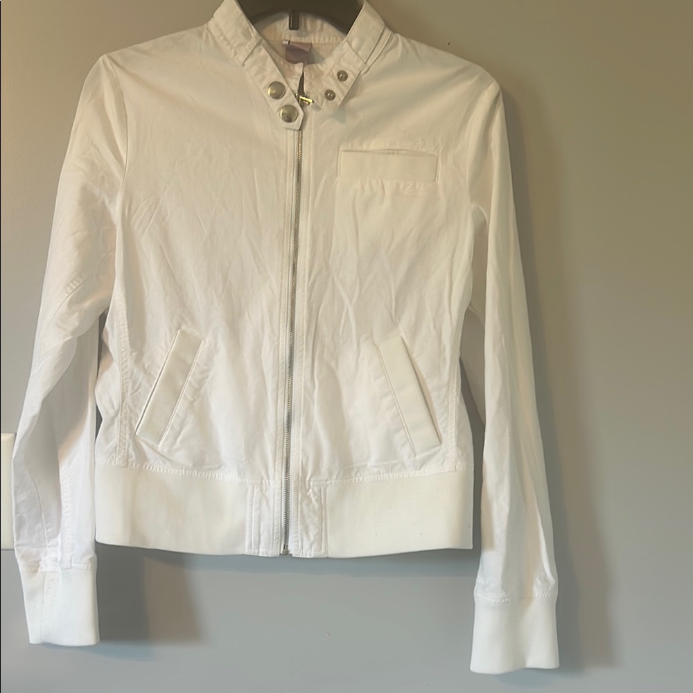 Split White Bomber Jacket with Stand-Up Collar